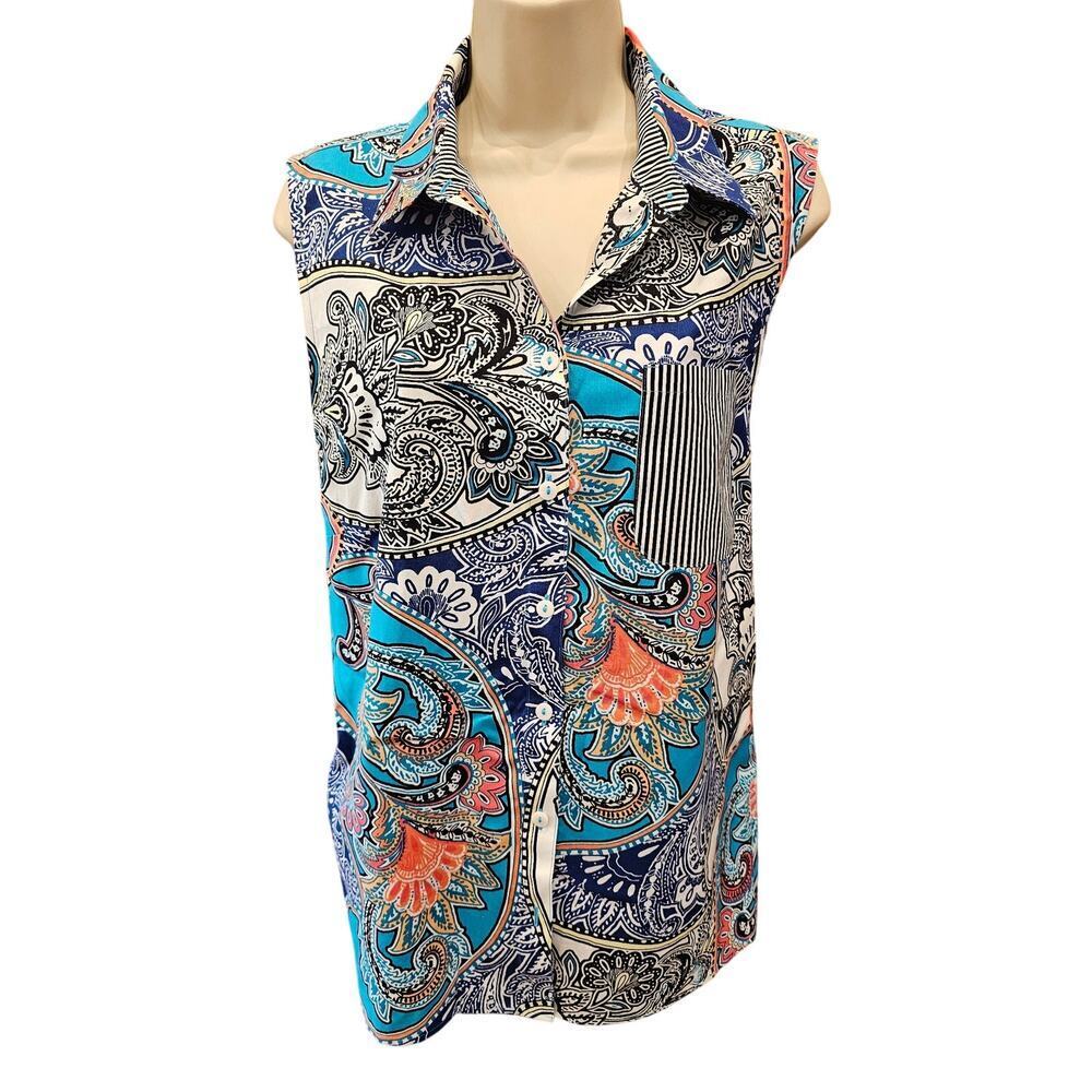 Chico's No Iron Sleeveless Button Front Printed Top sz 3 (L) patchwork career